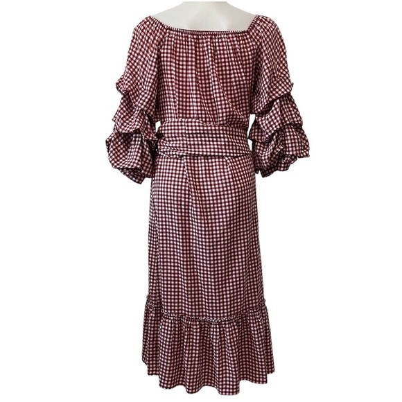 Zara Gingham Viscose Dress with Ruffled Sleeves Red and White Sz XS - Picture 5 of 8